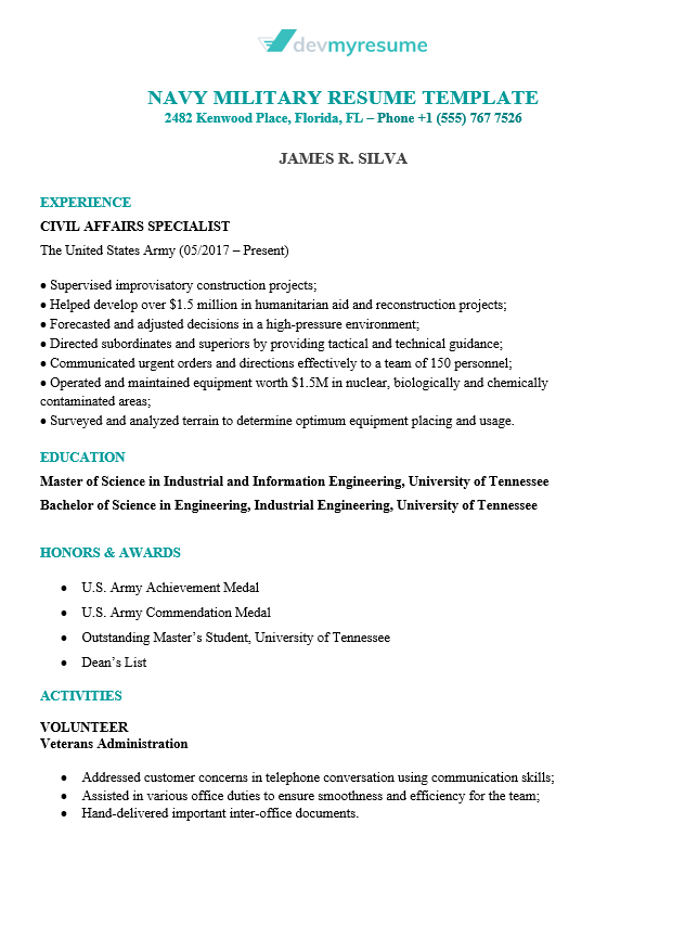 army resume sample
