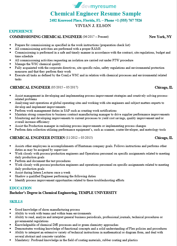 sample chemical engineering resume
