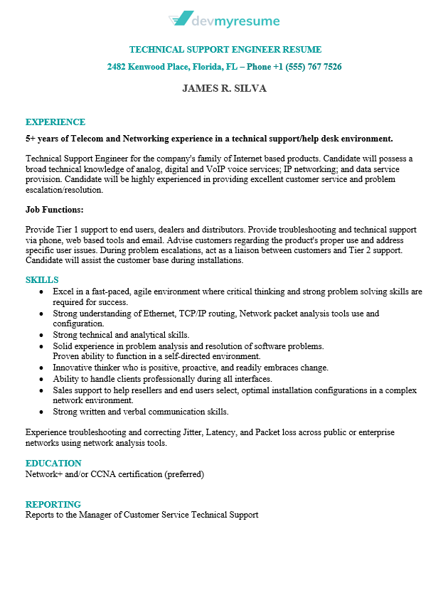 technical support resume sample